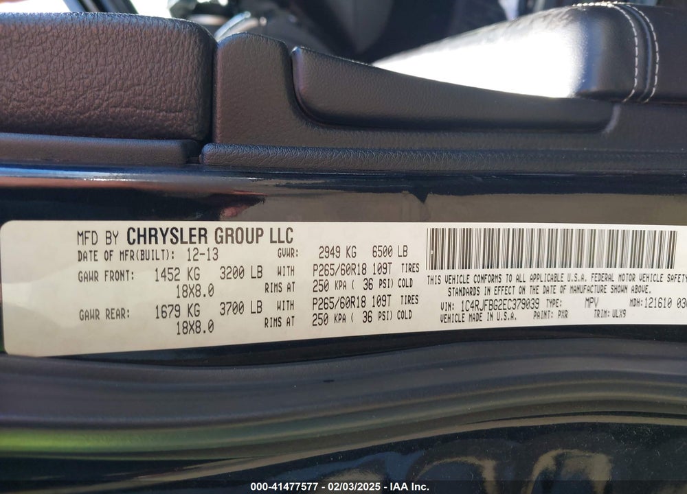 2014 JEEP GRAND CHEROKEE VIN: 1C4RJFBG2EC379039