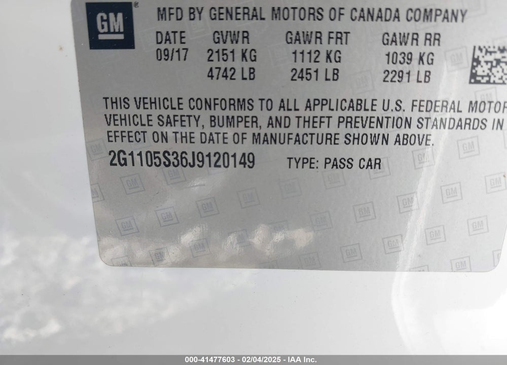 2018 CHEVROLET IMPALA 1LT VIN: 2G1105S36J9120149