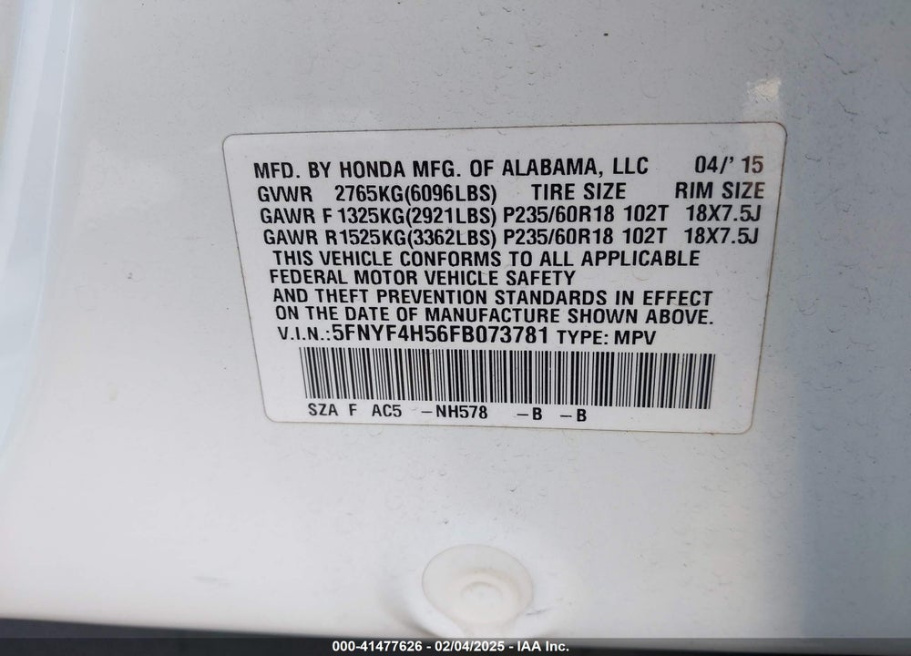 2015 HONDA PILOT VIN: 5FNYF4H56FB073781