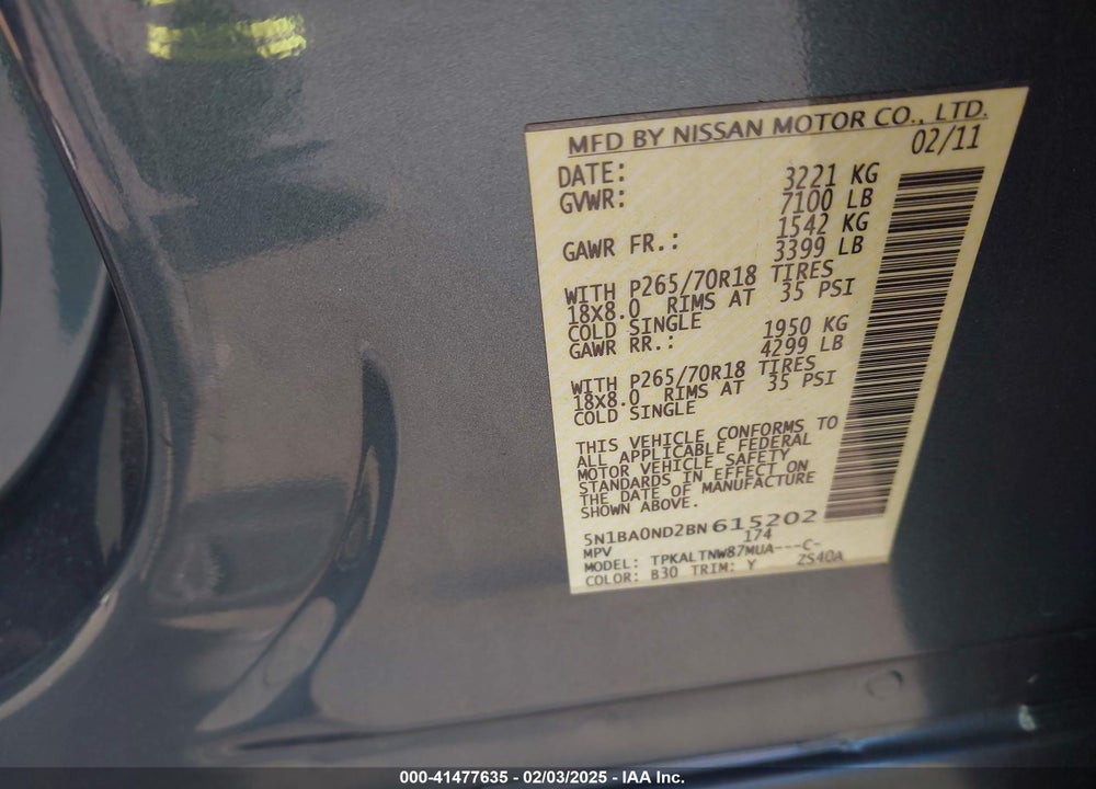 2011 NISSAN ARMADA SV VIN: 5N1BA0ND2BN615202