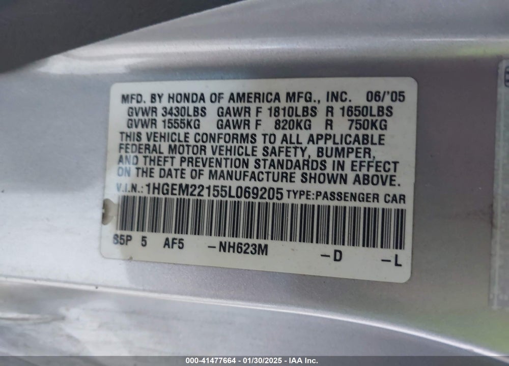 2005 HONDA CIVIC VP VIN: 1HGEM22155L069205