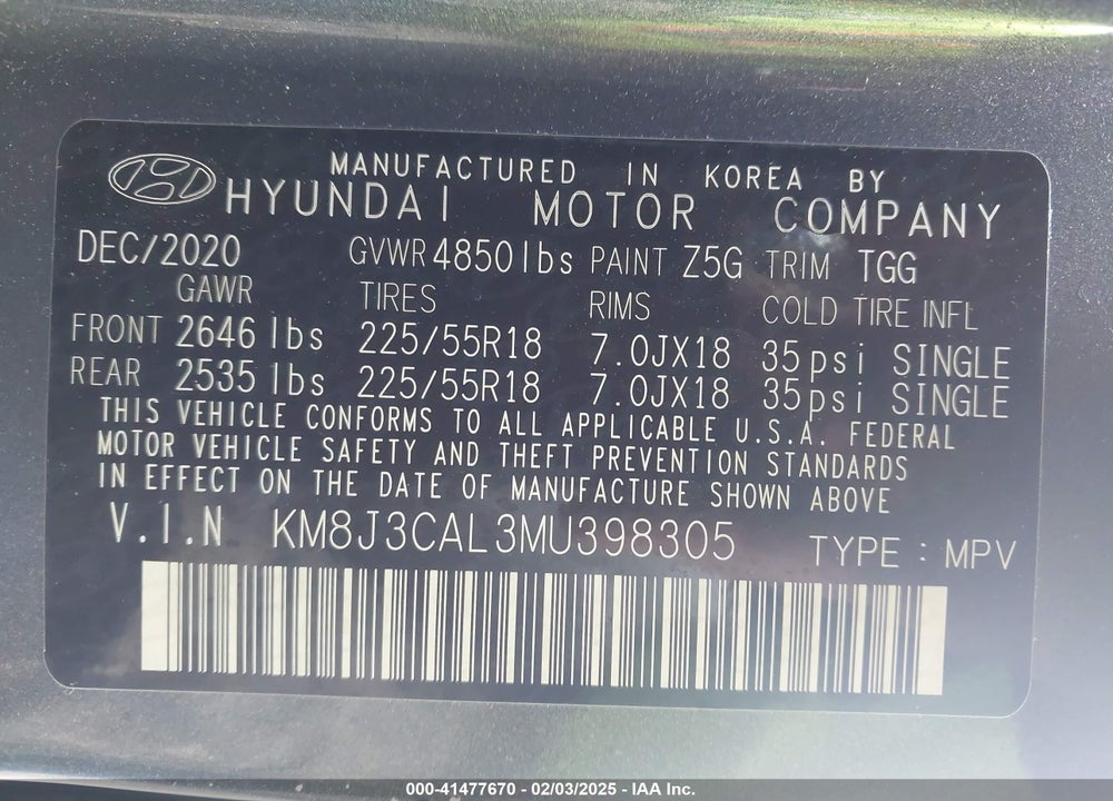 2021 HYUNDAI TUCSON VIN: KM8J3CAL3MU398305
