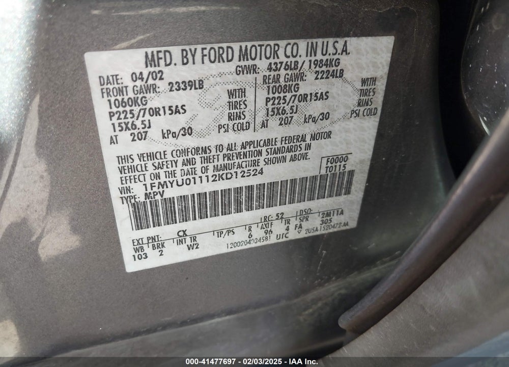 2002 FORD ESCAPE XLS VIN: 1FMYU01112KD12524