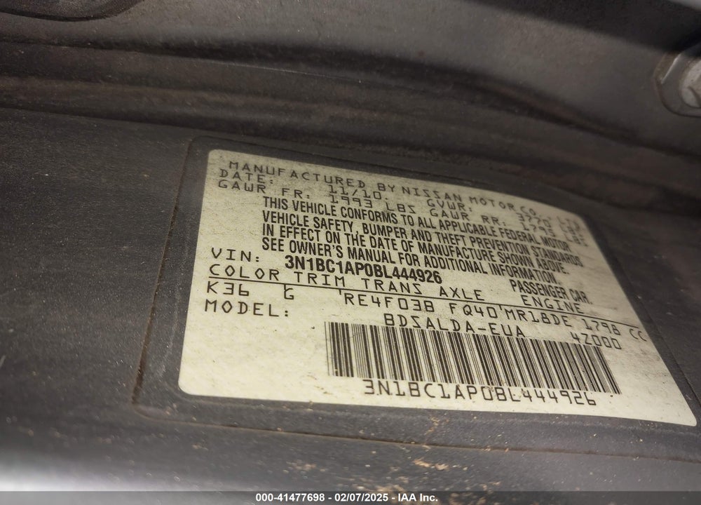 2011 NISSAN VERSA VIN: 3N1BC1AP0BL444926