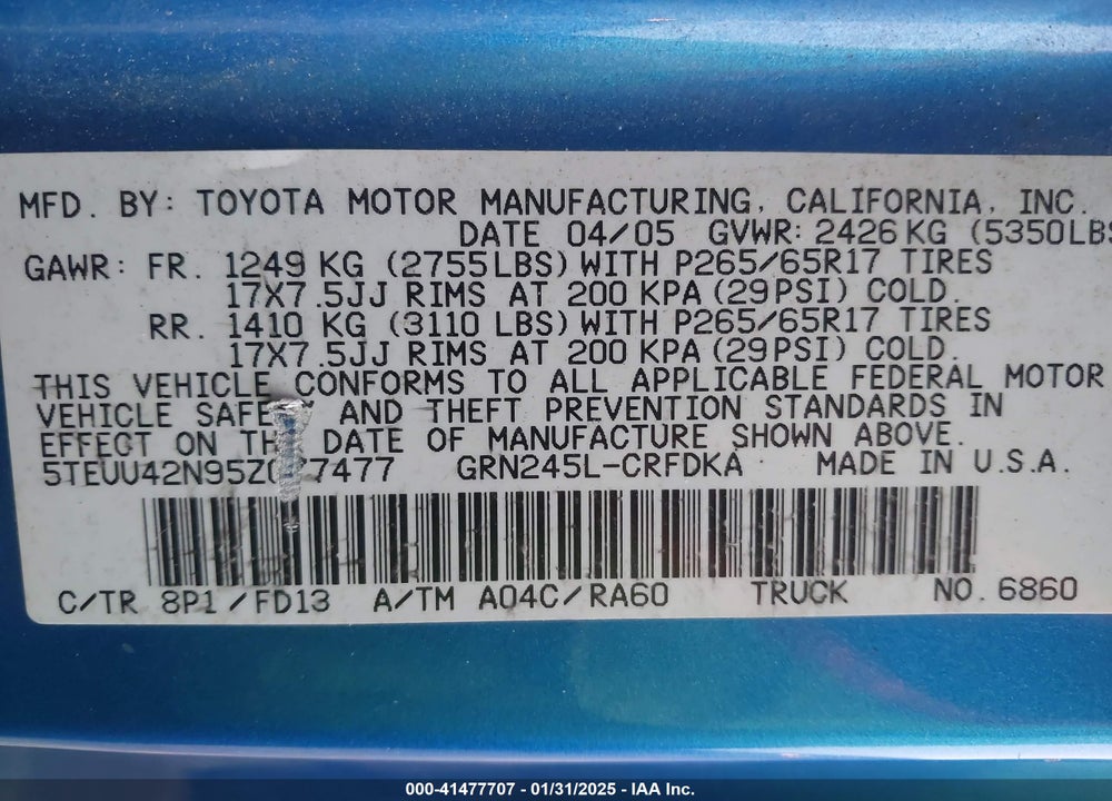 2005 TOYOTA TACOMA ACCESS CAB VIN: 5TEUU42N95Z077477