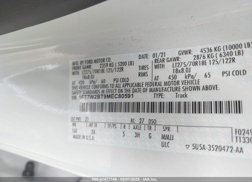2021 FORD F-250 VIN: 1FT7W2BT9MEC80591