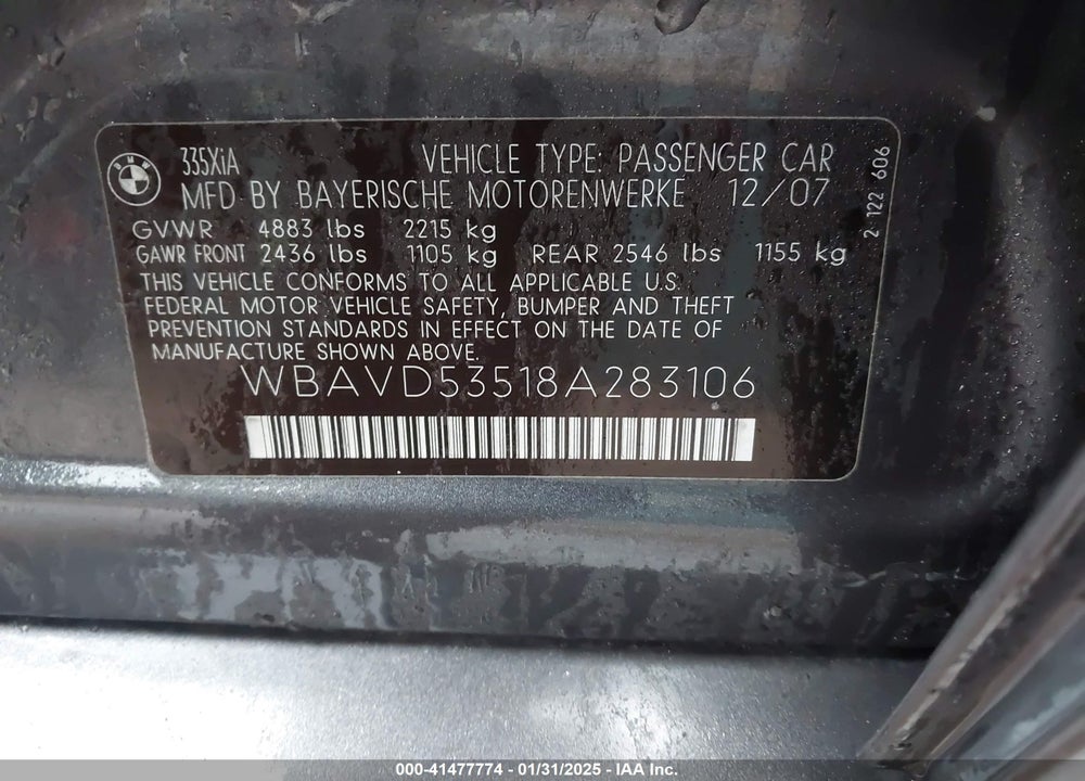 2008 BMW 335XI VIN: WBAVD53518A283106