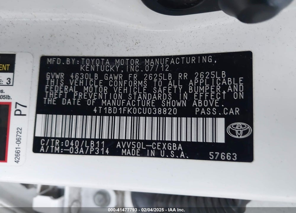 2012 TOYOTA CAMRY HYBRID VIN: 4T1BD1FK0CU038820