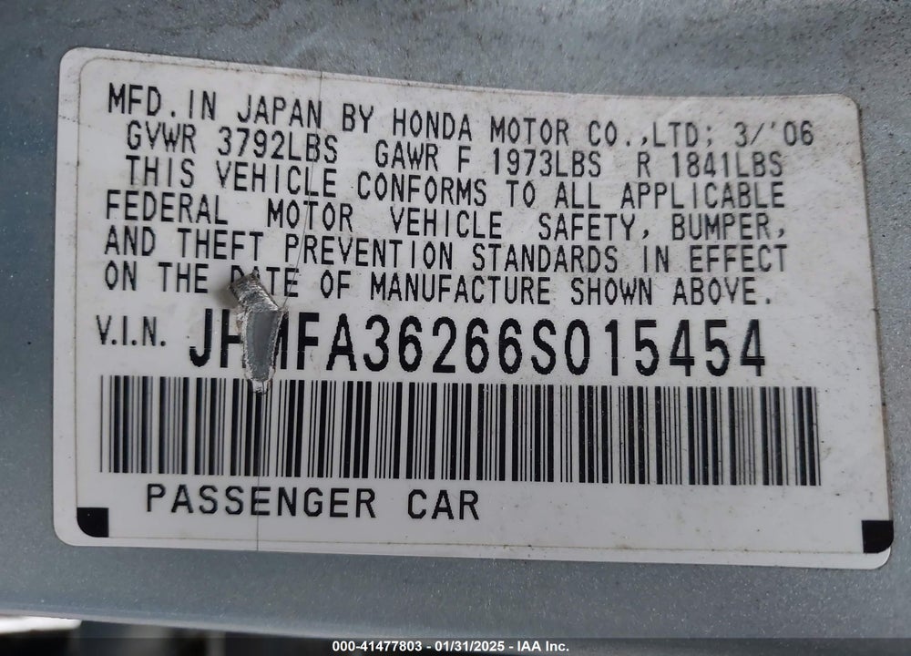 2006 HONDA CIVIC HYBRID VIN: JHMFA36266S015454