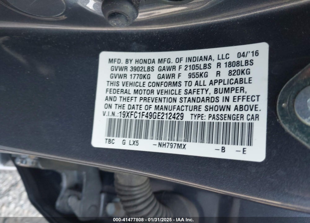 2016 HONDA CIVIC VIN: 19XFC1F49GE212429