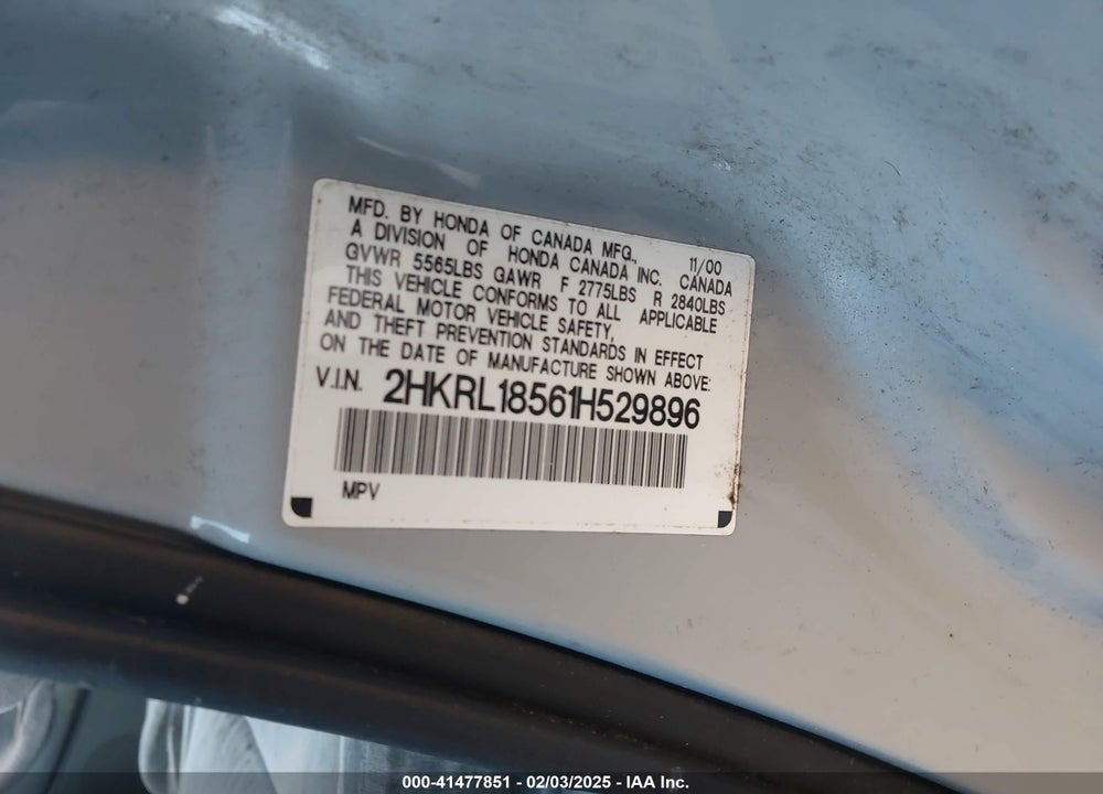 2001 HONDA ODYSSEY LX VIN: 2HKRL18561H529896