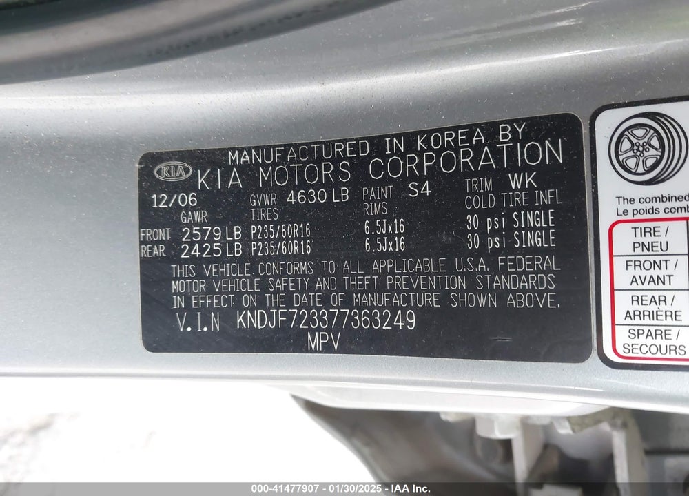 2007 KIA SPORTAGE LX V6 VIN: KNDJF723377363249