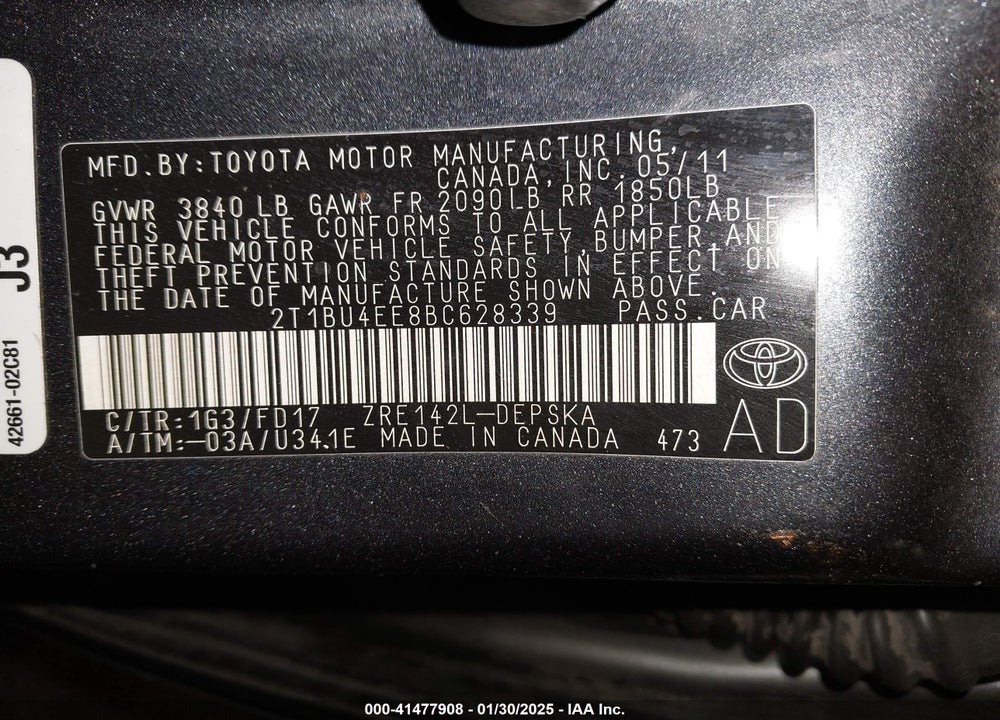 2011 TOYOTA COROLLA S VIN: 2T1BU4EE8BC628339