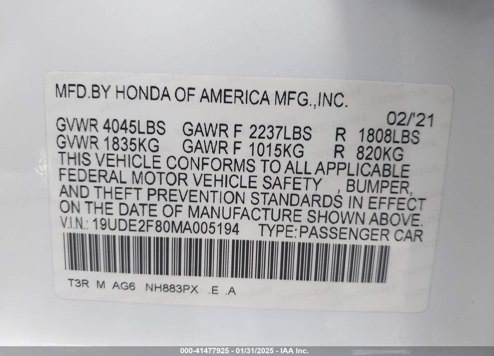 2021 ACURA ILX PREMIUM A-SPEC PACKAGES/TECHNOLOGY A-SPEC PACKAGES VIN: 19UDE2F80MA005194