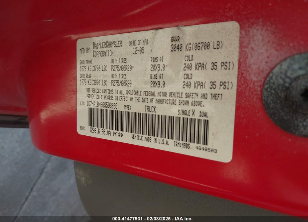 2006 DODGE RAM 1500 SLT VIN: 1D7HA18N66S593999