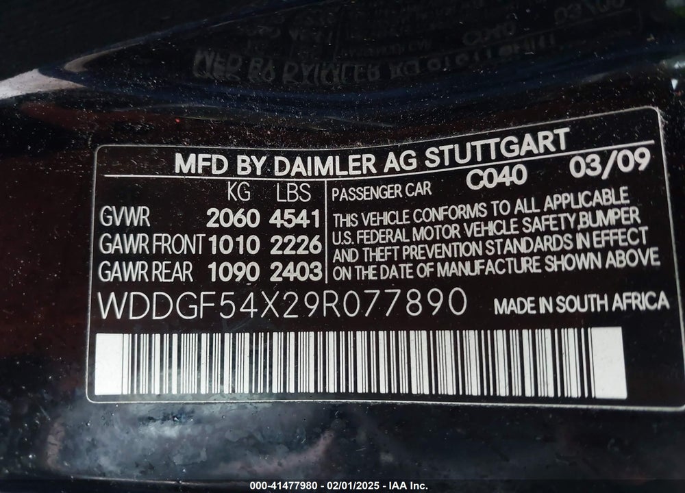 2009 MERCEDES-BENZ C 300 VIN: WDDGF54X29R077890