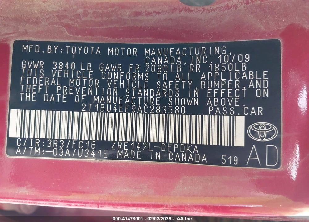 2010 TOYOTA COROLLA VIN: 2T1BU4EE9AC283580