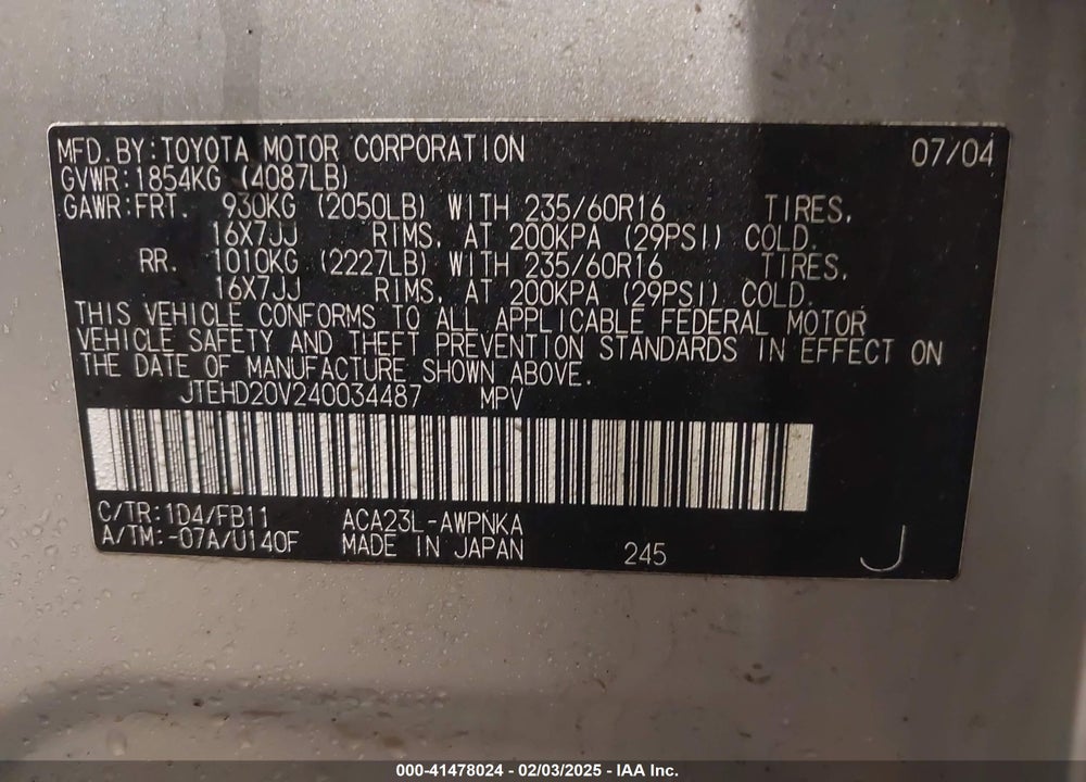 2004 TOYOTA RAV4 VIN: JTEHD20V240034487