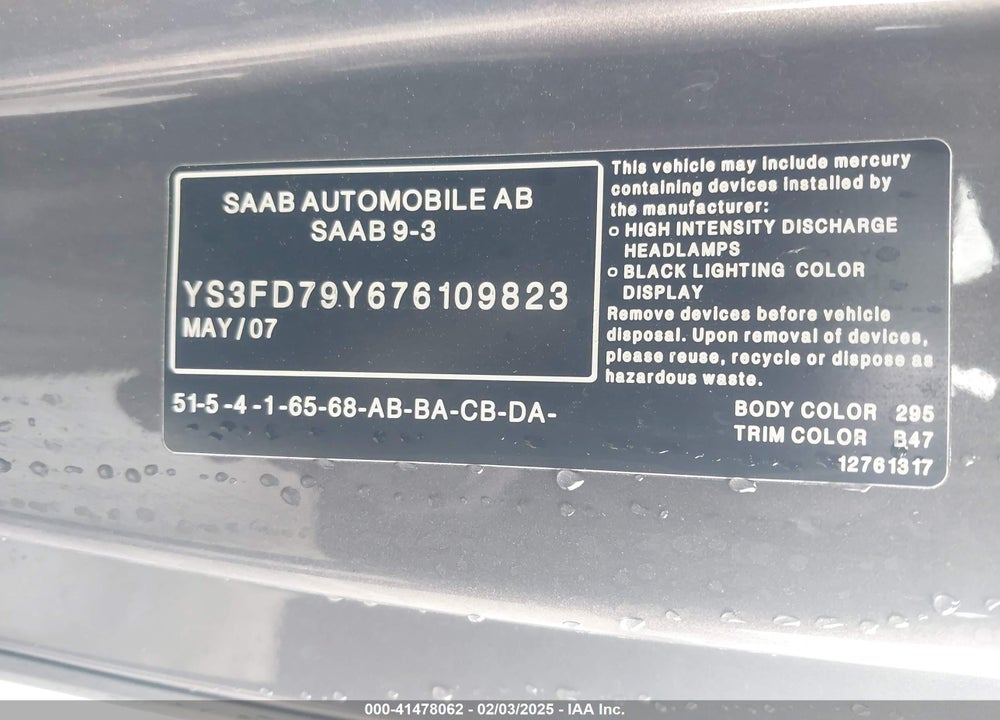 2007 SAAB 9-3 2.0T VIN: YS3FD79Y676109823