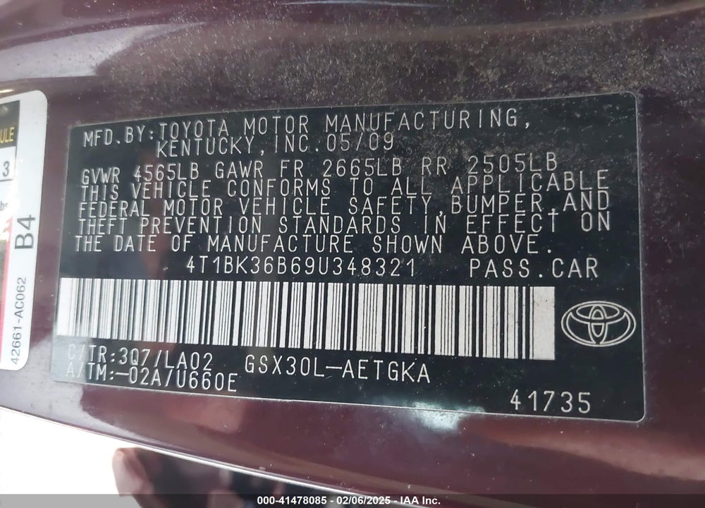 2009 TOYOTA AVALON VIN: 4T1BK36B69U348321