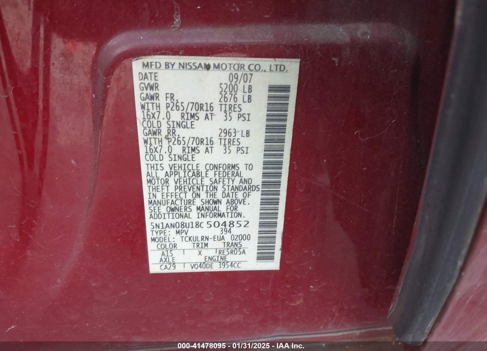 2008 NISSAN XTERRA VIN: 5N1AN08U18C504852