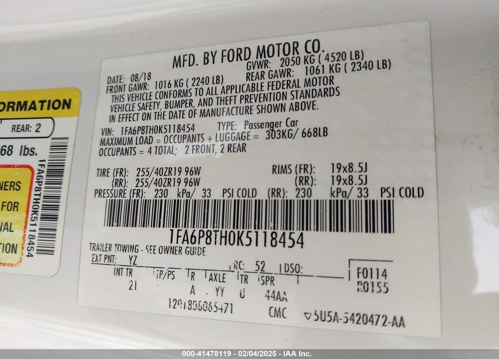 2019 FORD MUSTANG VIN: 1FA6P8TH0K5118454