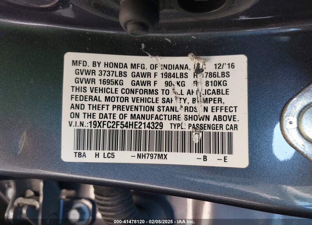 2017 HONDA CIVIC VIN: 19XFC2F54HE214329