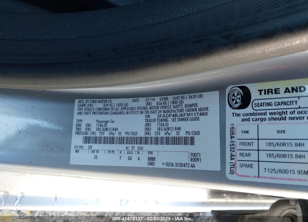 2015 FORD FIESTA VIN: 3FADP4BJ6FM117460