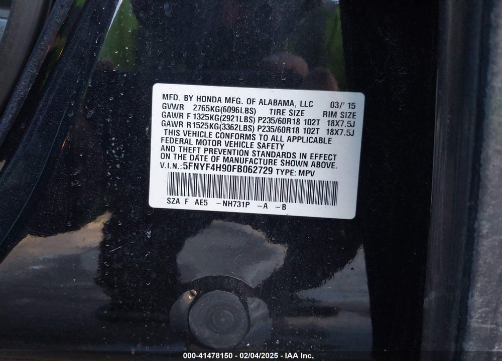2015 HONDA PILOT TOURING VIN: 5FNYF4H90FB062729