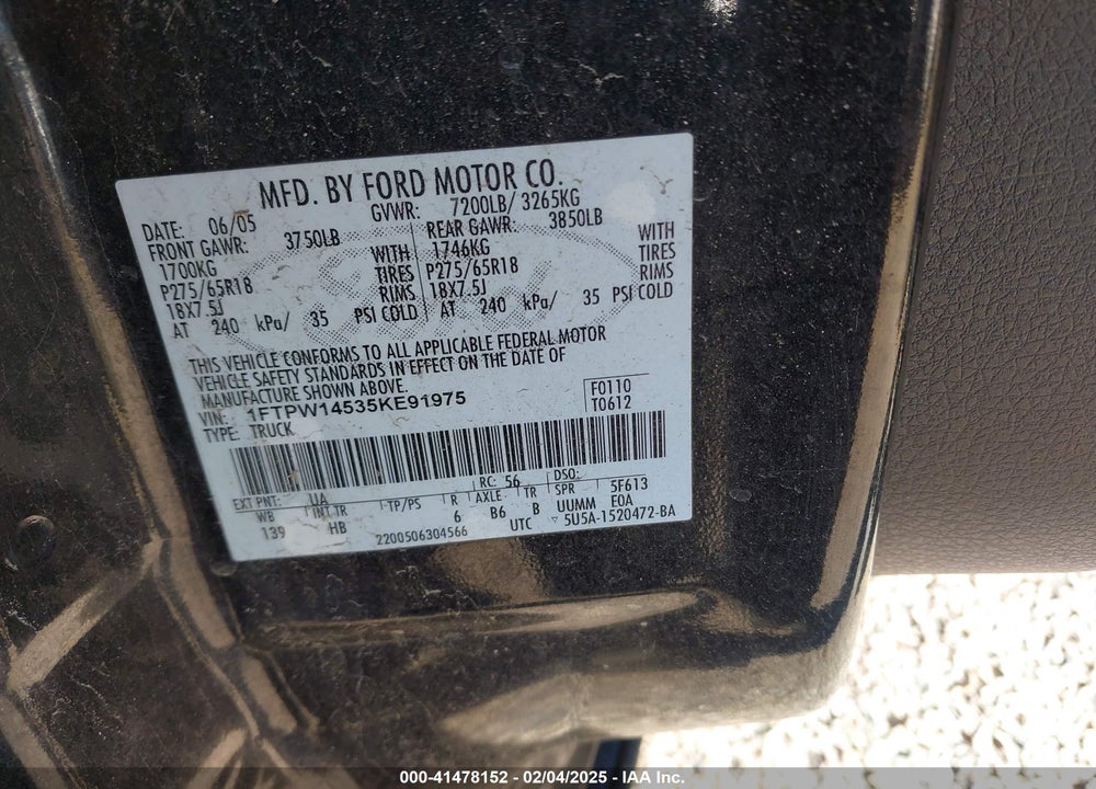 2005 FORD F-150 FX4/LARIAT/XLT VIN: 1FTPW14535KE91975
