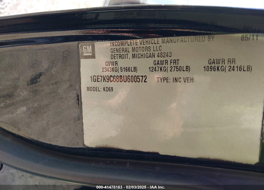 2011 CADILLAC DTS STANDARD VIN: 1GE7K9C68BU600572