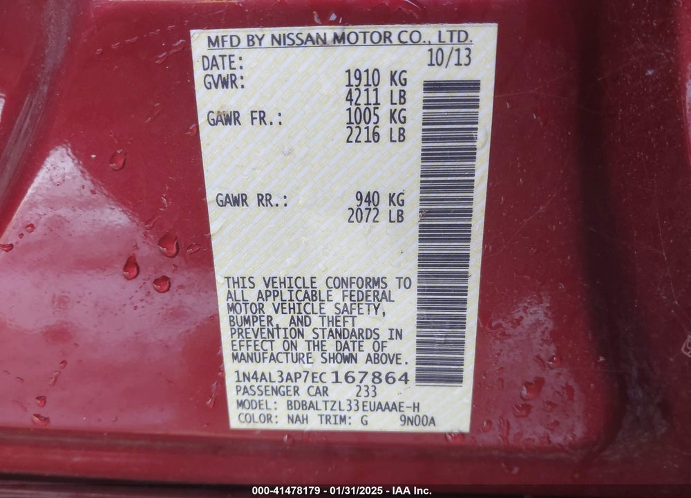 2014 NISSAN ALTIMA VIN: 1N4AL3AP7EC167864