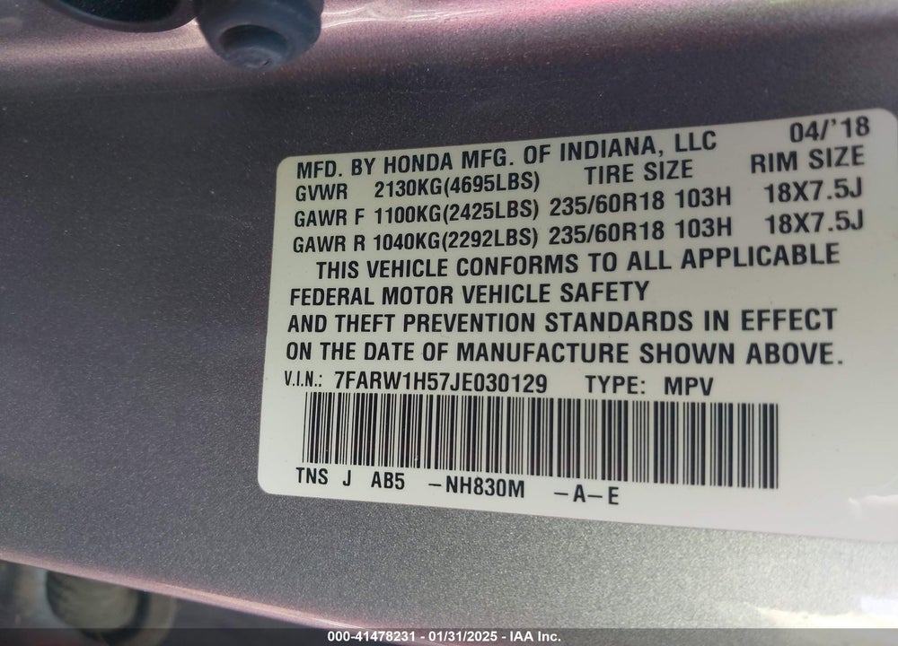 2018 HONDA CR-V EX VIN: 7FARW1H57JE030129