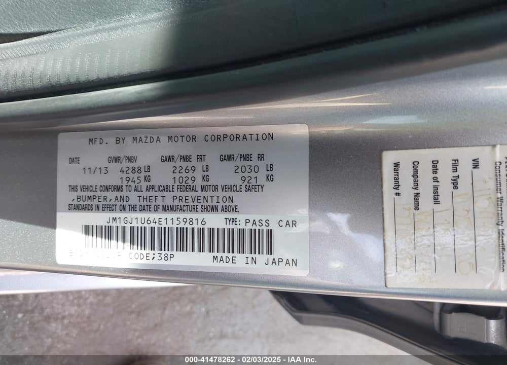 2014 MAZDA 6 I SPORT VIN: JM1GJ1U64E1159816