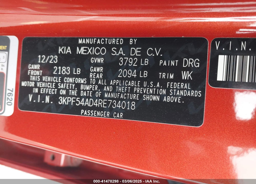 2024 KIA FORTE VIN: 3KPF54AD4RE734018