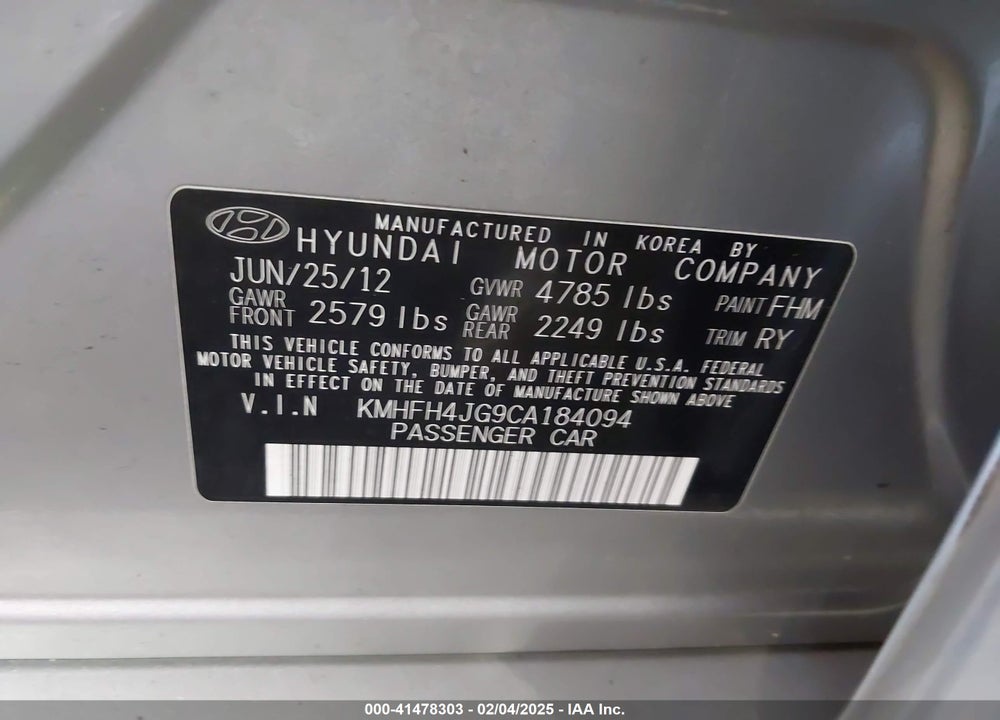 2012 HYUNDAI AZERA VIN: KMHFH4JG9CA184094