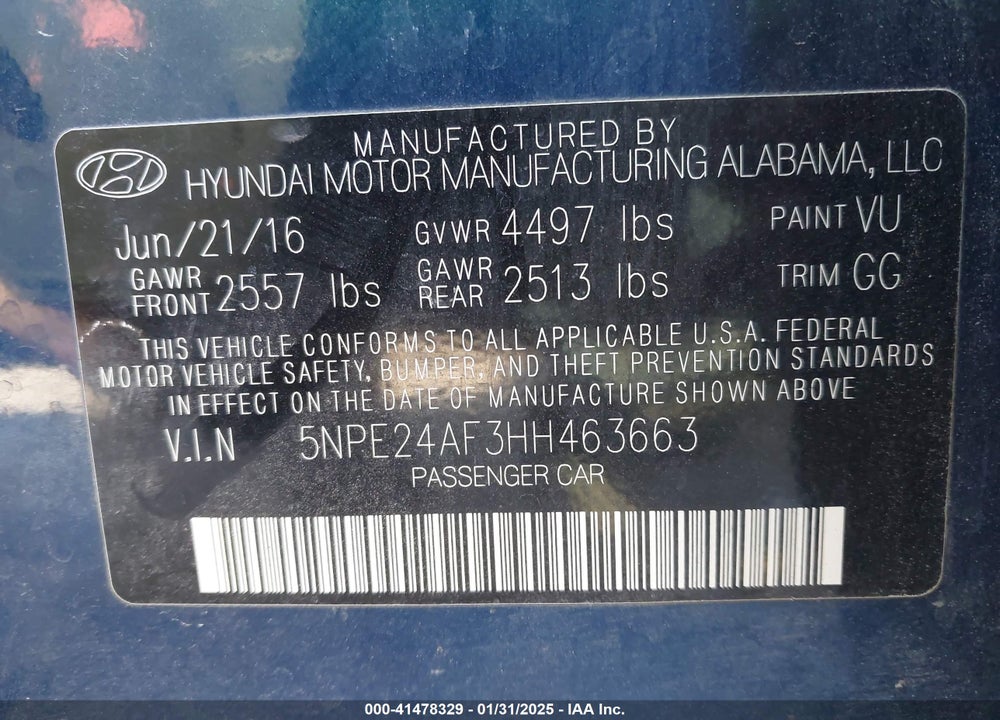 2017 HYUNDAI SONATA VIN: 5NPE24AF3HH463663