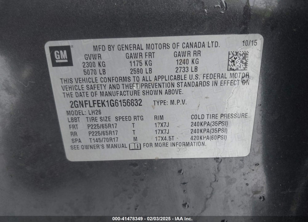 2016 CHEVROLET EQUINOX VIN: 2GNFLFEK1G6156832