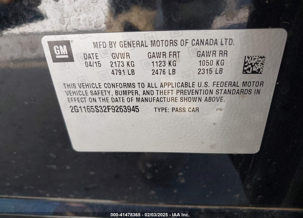 2015 CHEVROLET IMPALA VIN: 2G1165S32F9263945