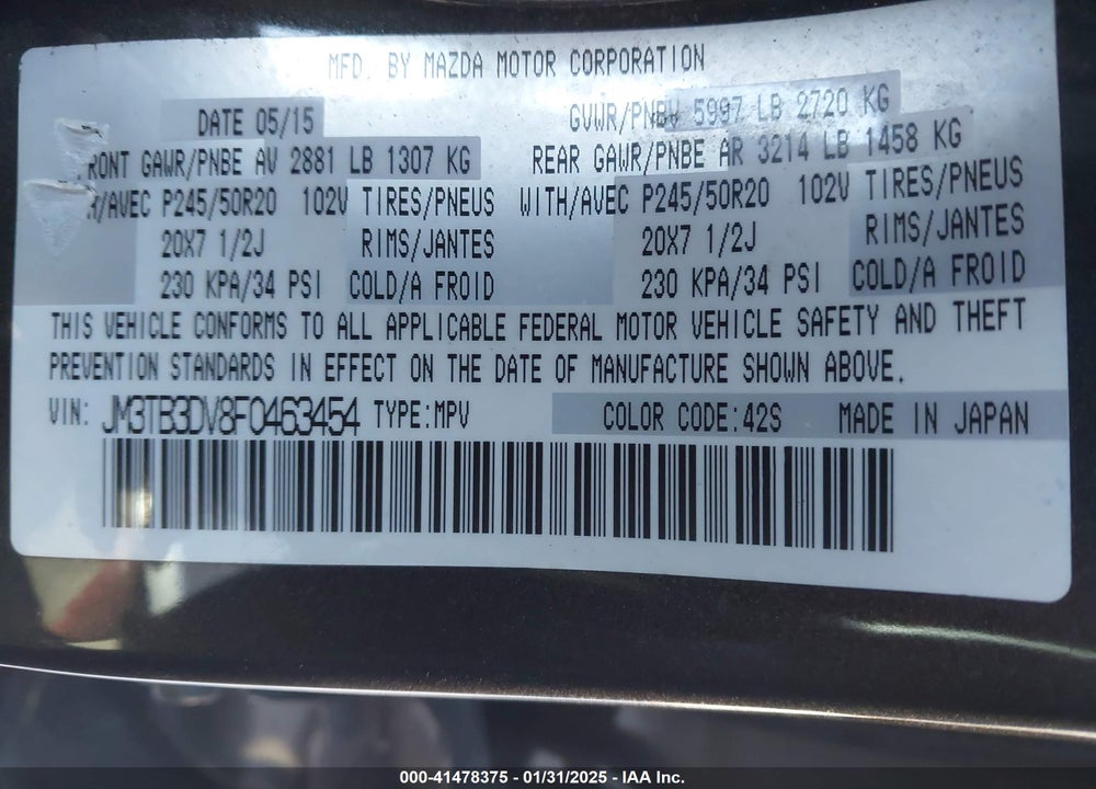 2015 MAZDA CX-9 VIN: JM3TB3DV8F0463454