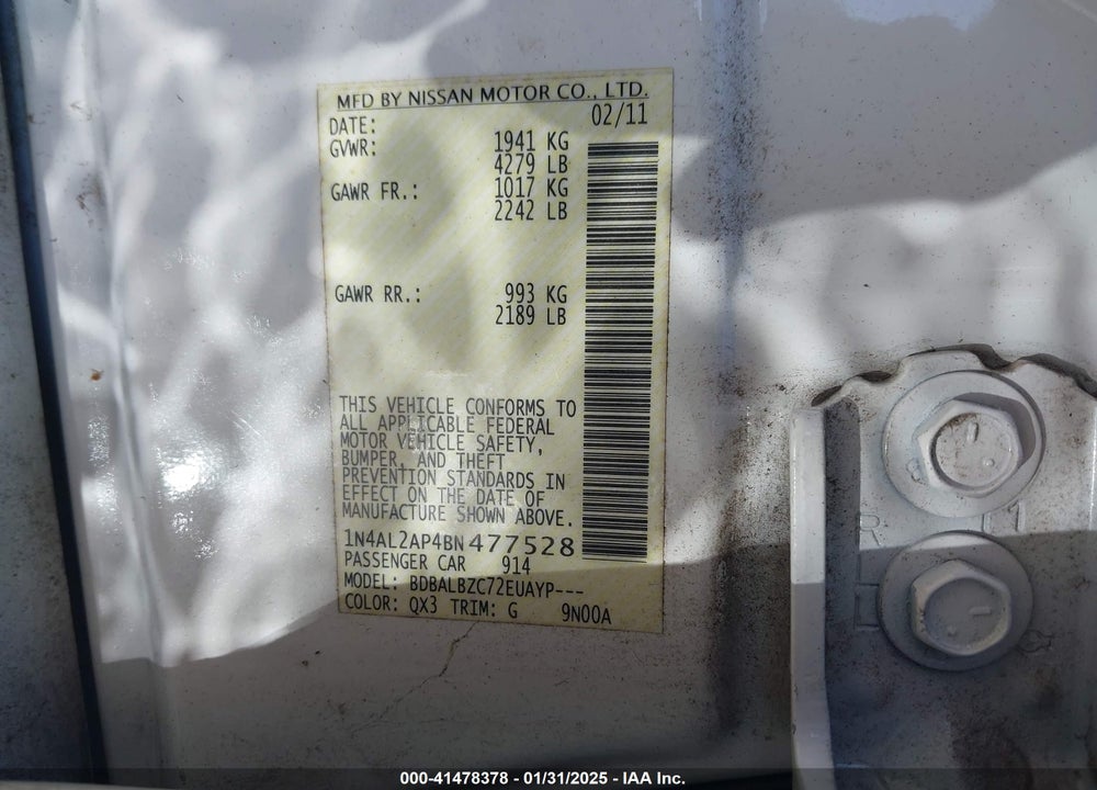 2011 NISSAN ALTIMA VIN: 1N4AL2AP4BN477528