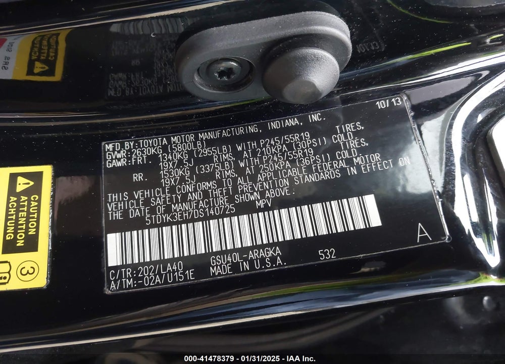 2013 TOYOTA HIGHLANDER LIMITED V6 VIN: 5TDYK3EH7DS140725