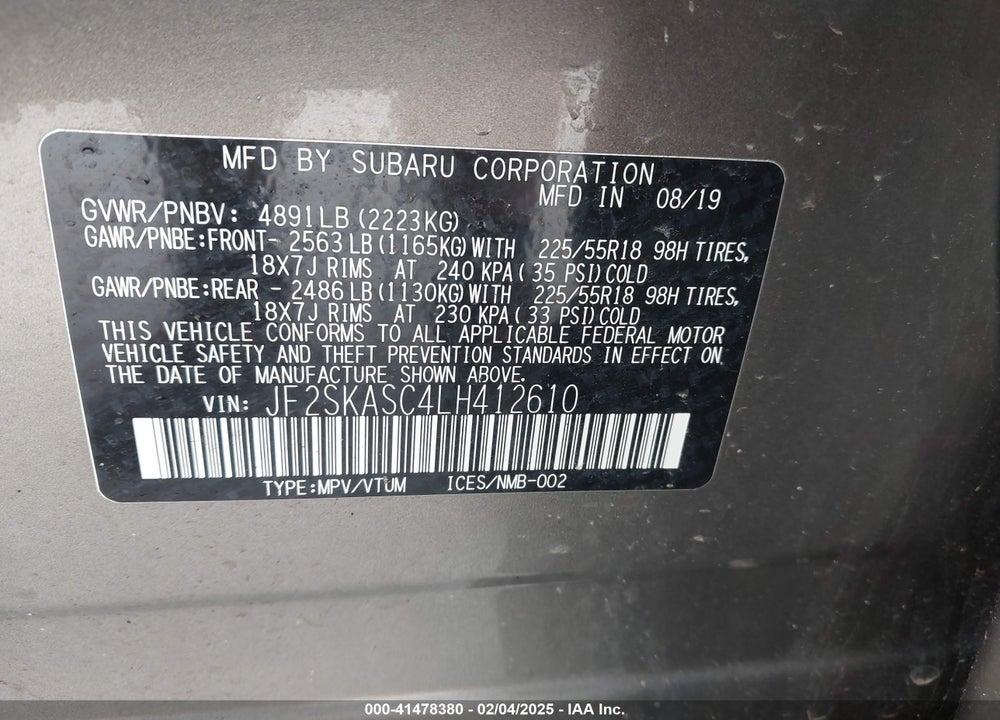 2020 SUBARU FORESTER LIMITED VIN: JF2SKASC4LH412610