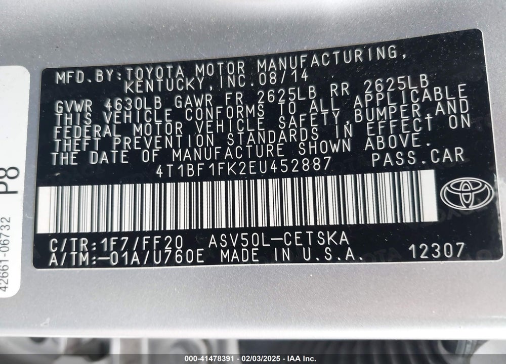 2014 TOYOTA CAMRY VIN: 4T1BF1FK2EU452887