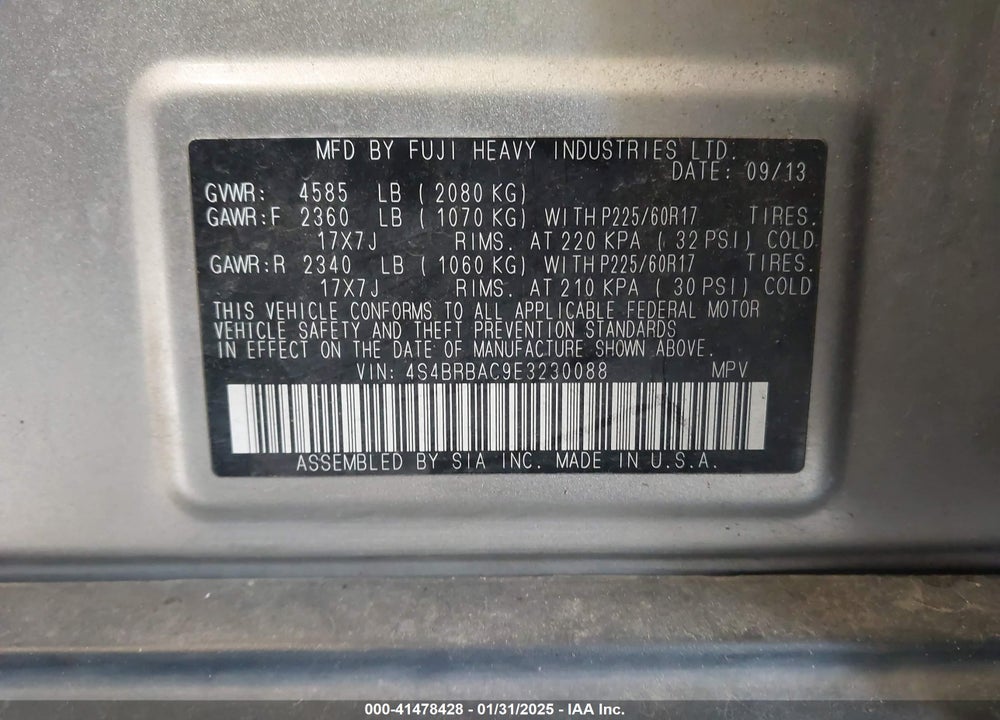 2014 SUBARU OUTBACK 2.5I VIN: 4S4BRBAC9E3230088