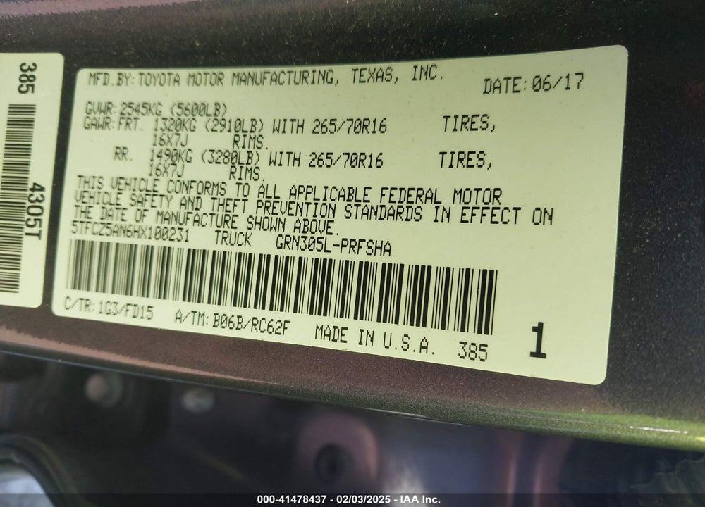 2017 TOYOTA TACOMA VIN: 5TFCZ5AN6HX100231