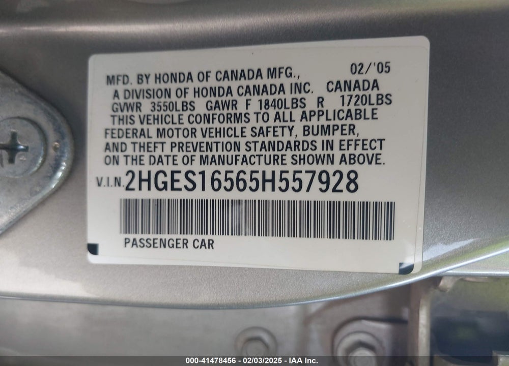 2005 HONDA CIVIC VIN: 2HGES16565H557928