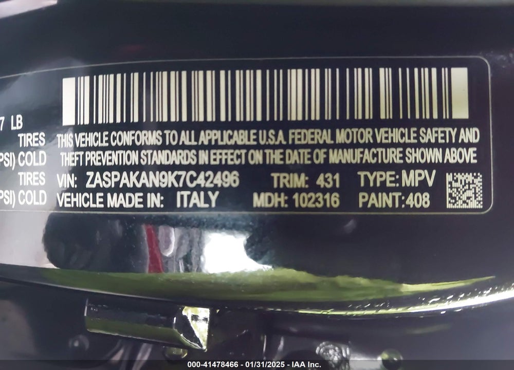 2019 ALFA ROMEO STELVIO VIN: ZASPAKAN9K7C42496