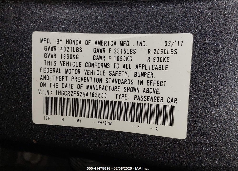 2017 HONDA ACCORD VIN: 1HGCR2F52HA163600