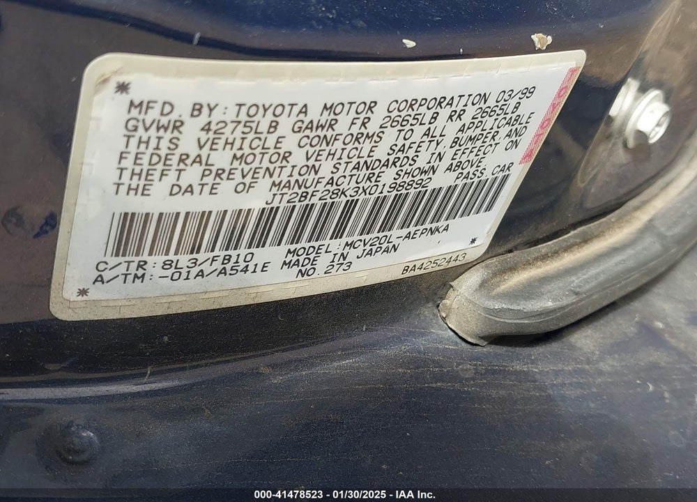1999 TOYOTA CAMRY LE V6 VIN: JT2BF28K3X0198892